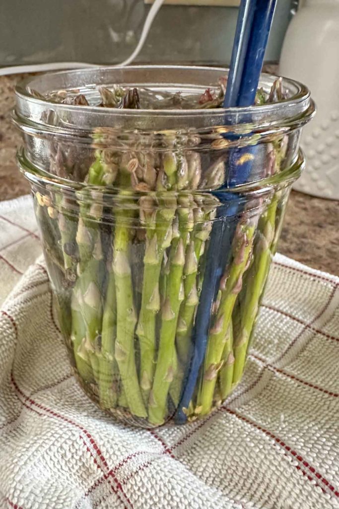 Removing air bubbles from jar of pickled asparagus with a chopstick.