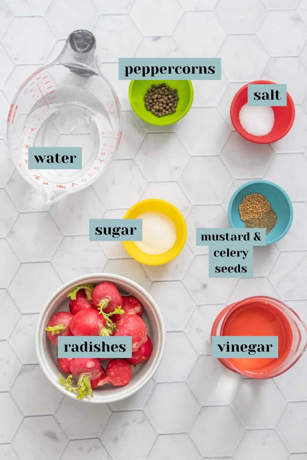 Ingredients for pickled radishes on a tile surface with labels.