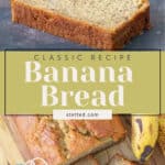 Classic recipe banana bread with a creamy avocado dressing on a cutting board.