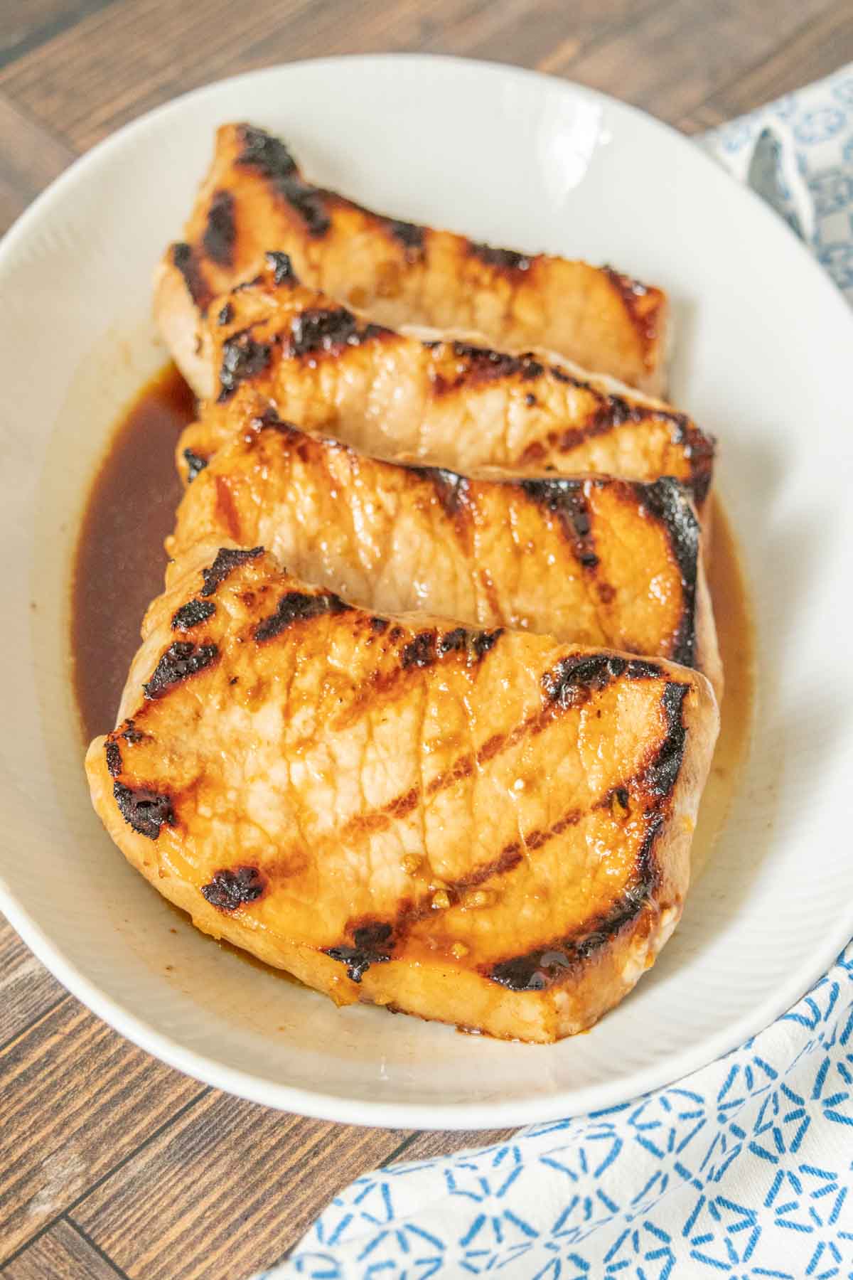 Platter of teriyaki pork chops.