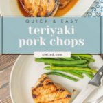 Two plates with grilled teriyaki pork chops; one plate also features green beans with a fork and knife. Overlay text reads "Quick & Easy Teriyaki Pork Chops"—a delicious meal ready in minutes.