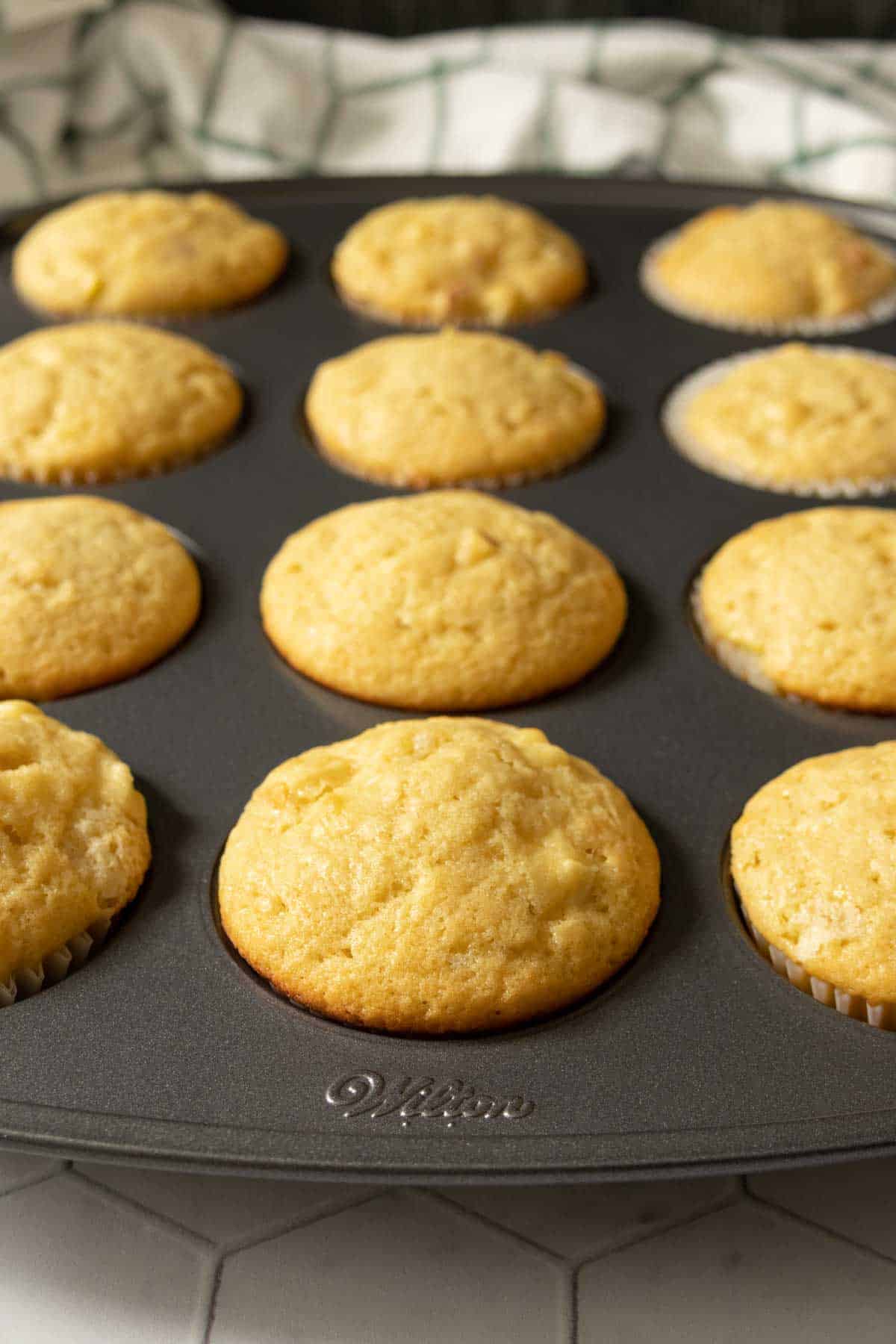 Apple muffins in a baking pan.