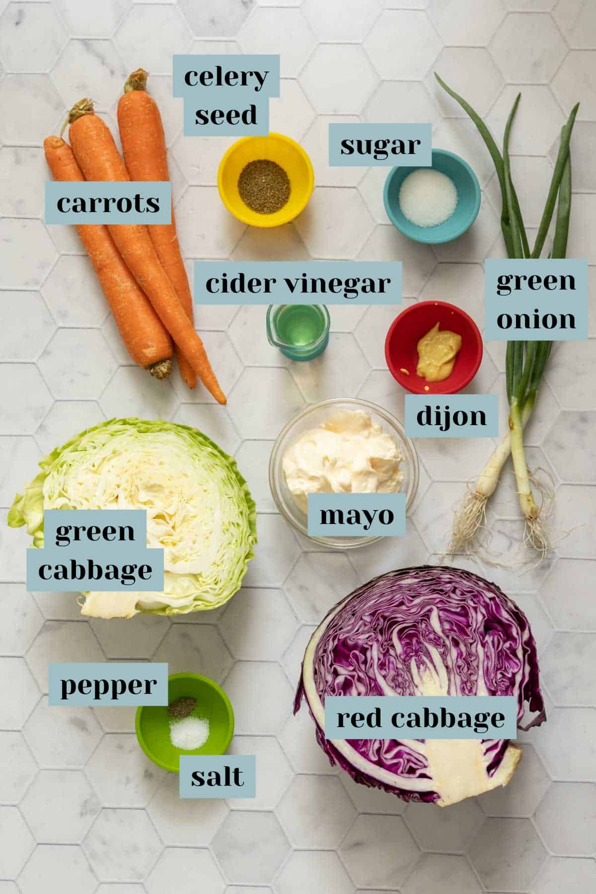 Ingredients for homemade coleslaw on a tile surface with labels.