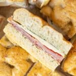 Close up overhead view of a pressed Italian sandwich, showing the layers.