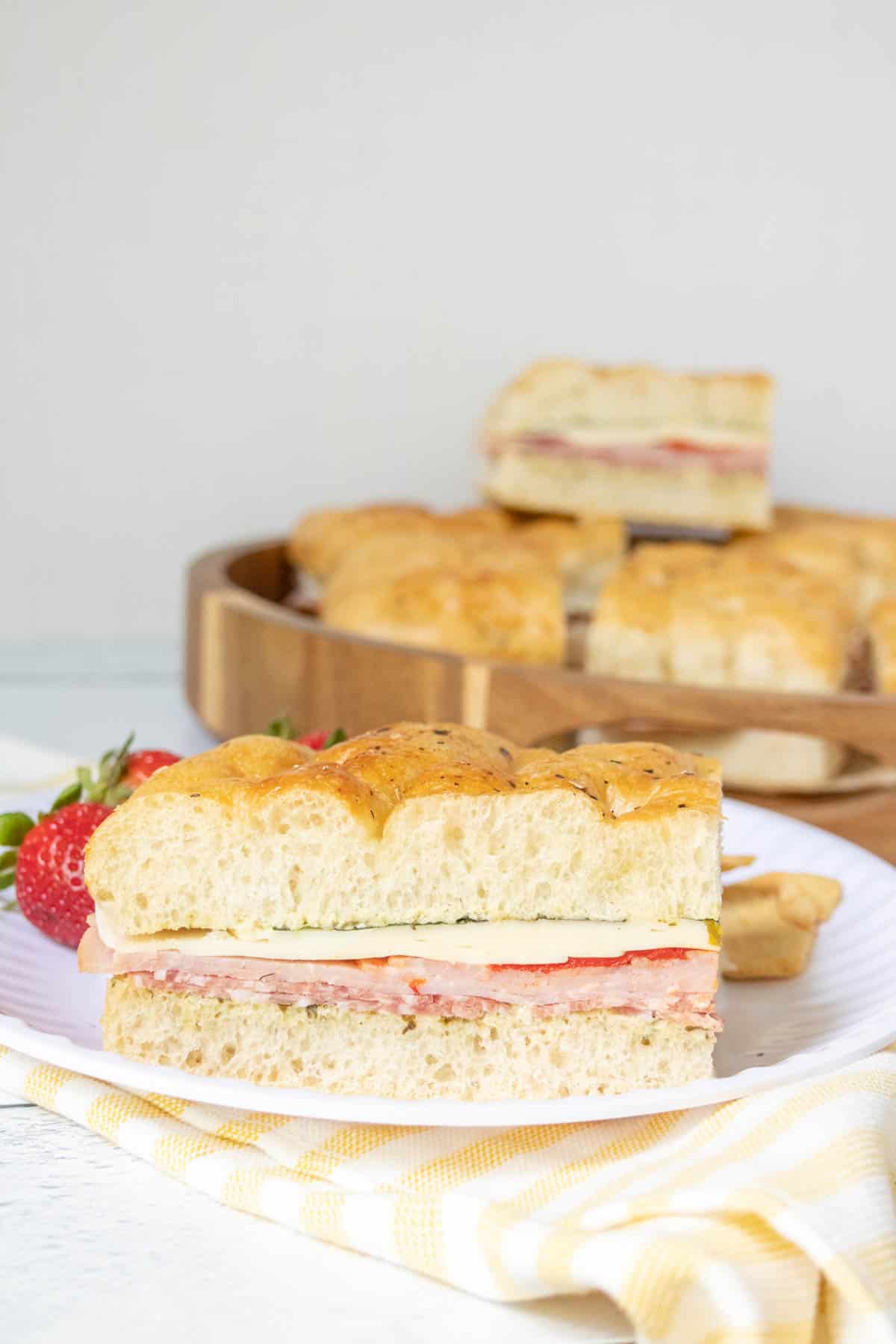 Pressed Italian sandwich on a picnic plate with fruit.