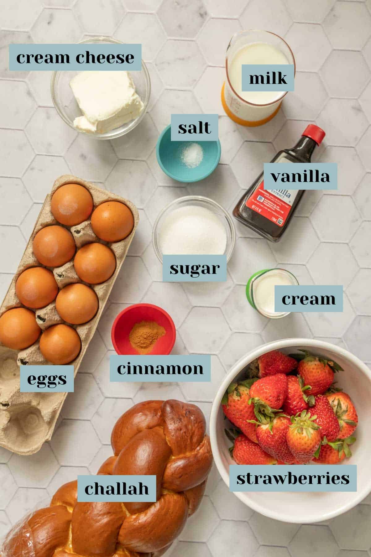 Ingredients for strawberry french toast on a tile surface with labels.