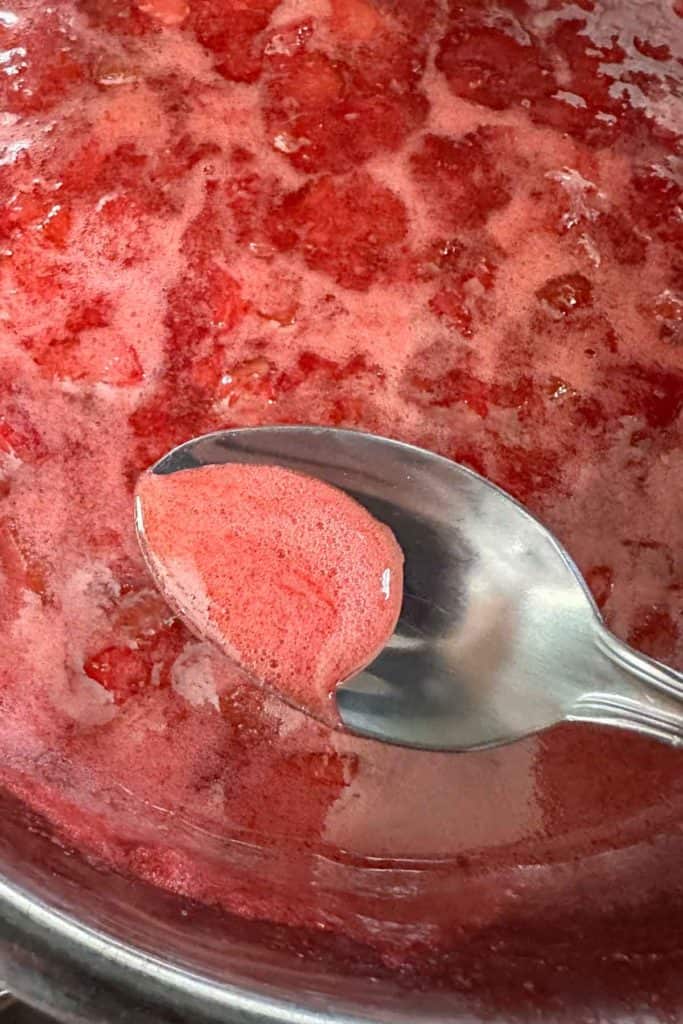 A spoon with jam foam on it over a pot of cooked jam.