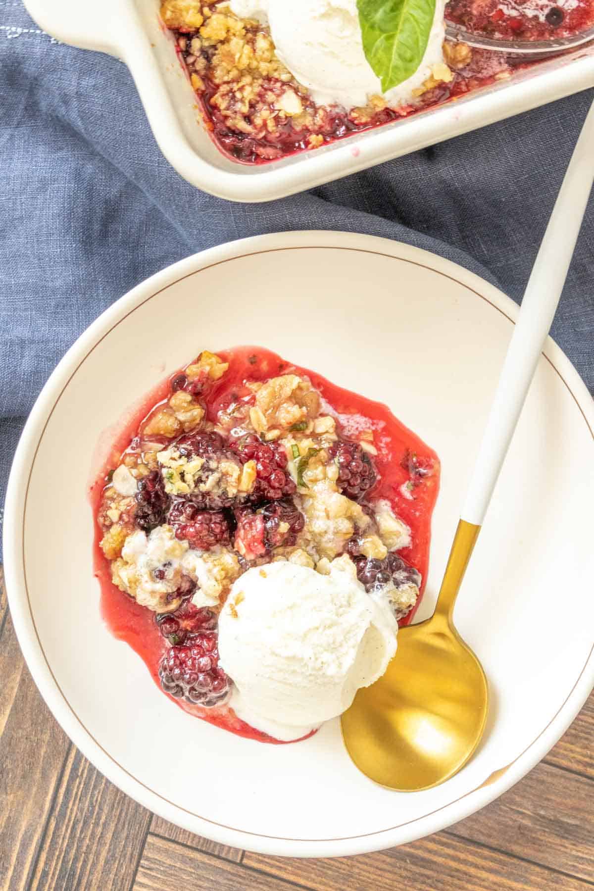 Overhead bowl of blackberry crisp with ice cream on top.