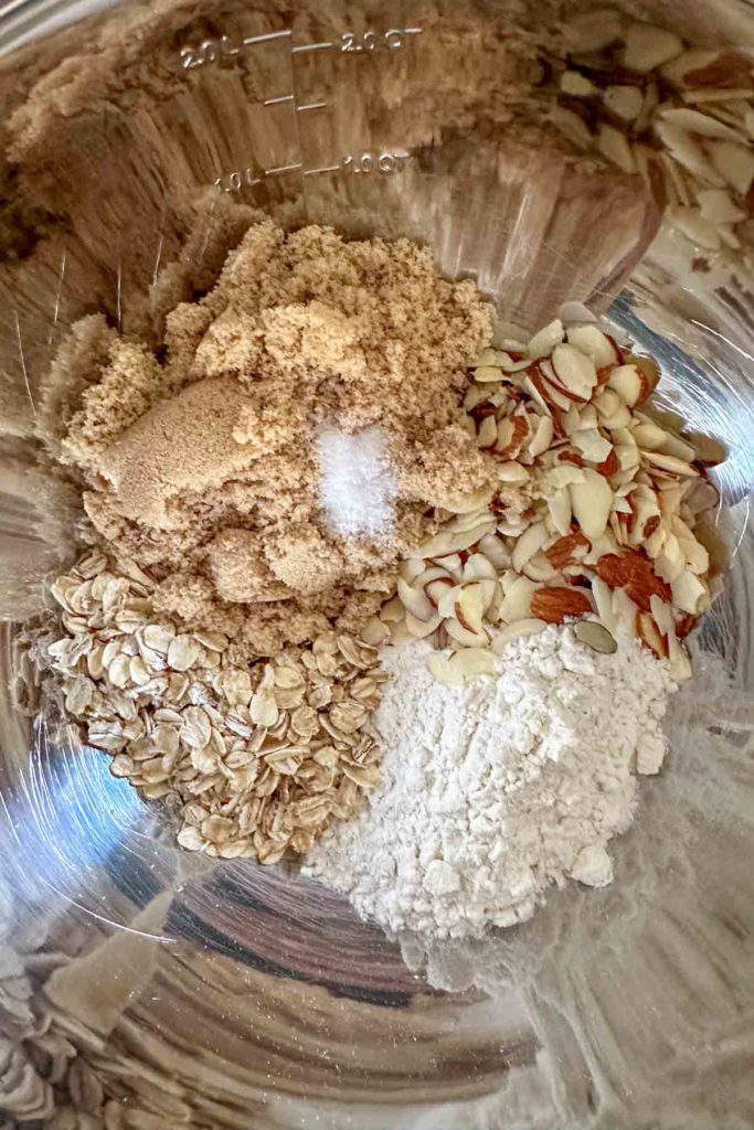 Dry ingredients for crisp topping in a bowl.