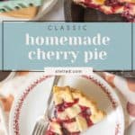 A slice of cherry pie with lattice crust sits on a decorative plate with a fork, next to a pan holding the rest of the cherry pie and a basket of fresh cherries.