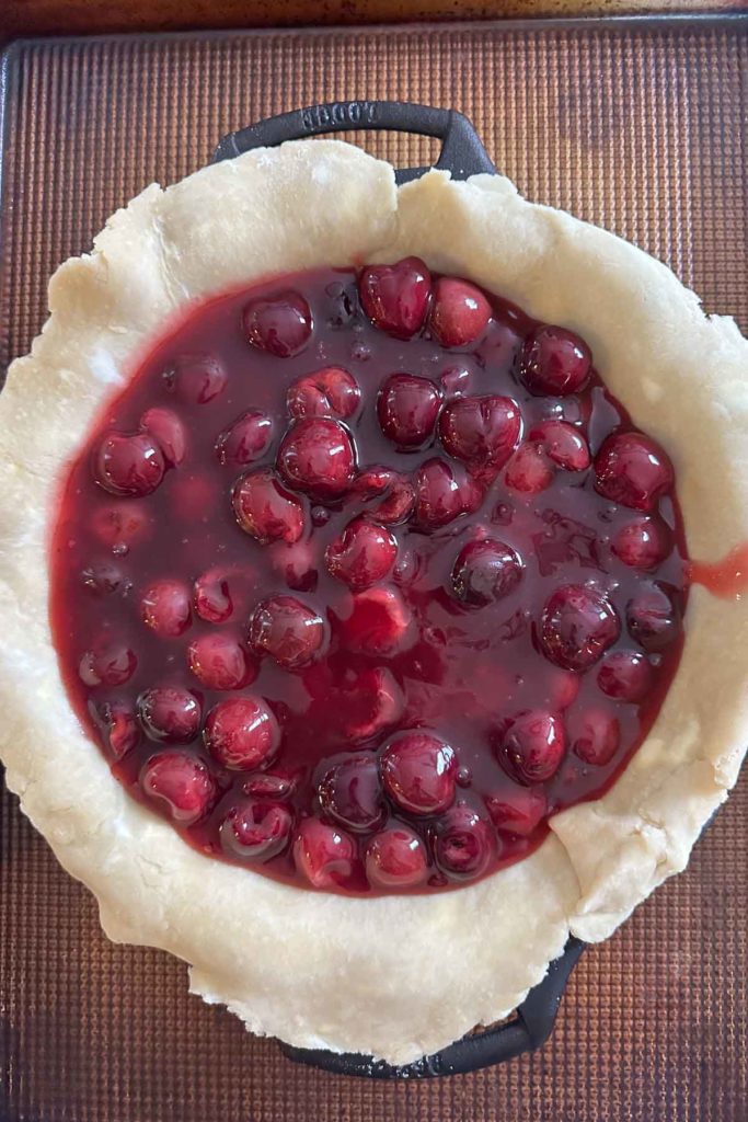 Cherry pie filling in an unbaked crust.