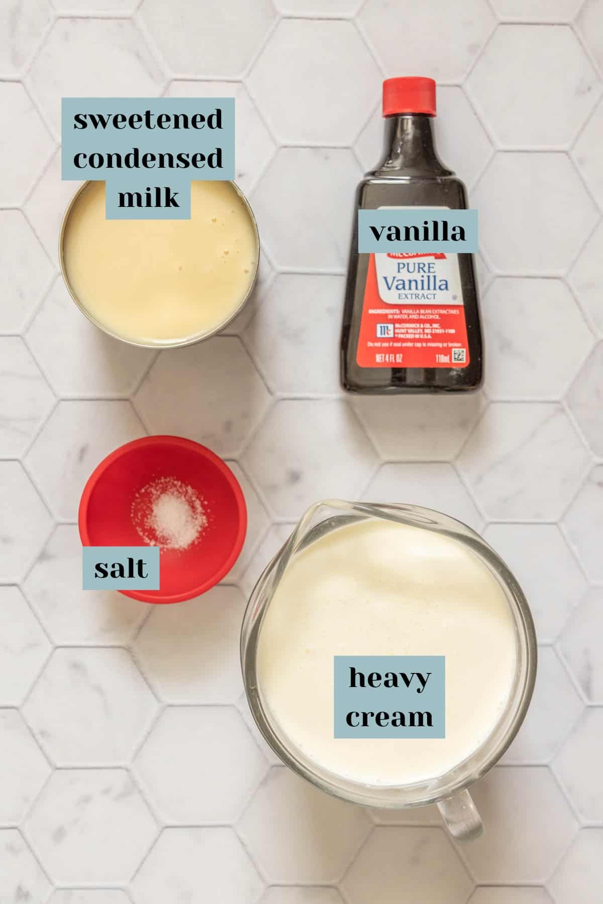 Ingredients for no-churn ice cream on a tile surface with labels.