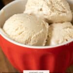Three scoops of creamy no-churn ice cream sit in a red bowl, with a label below that reads “no-churn ice cream” and “stetted.com.”.
