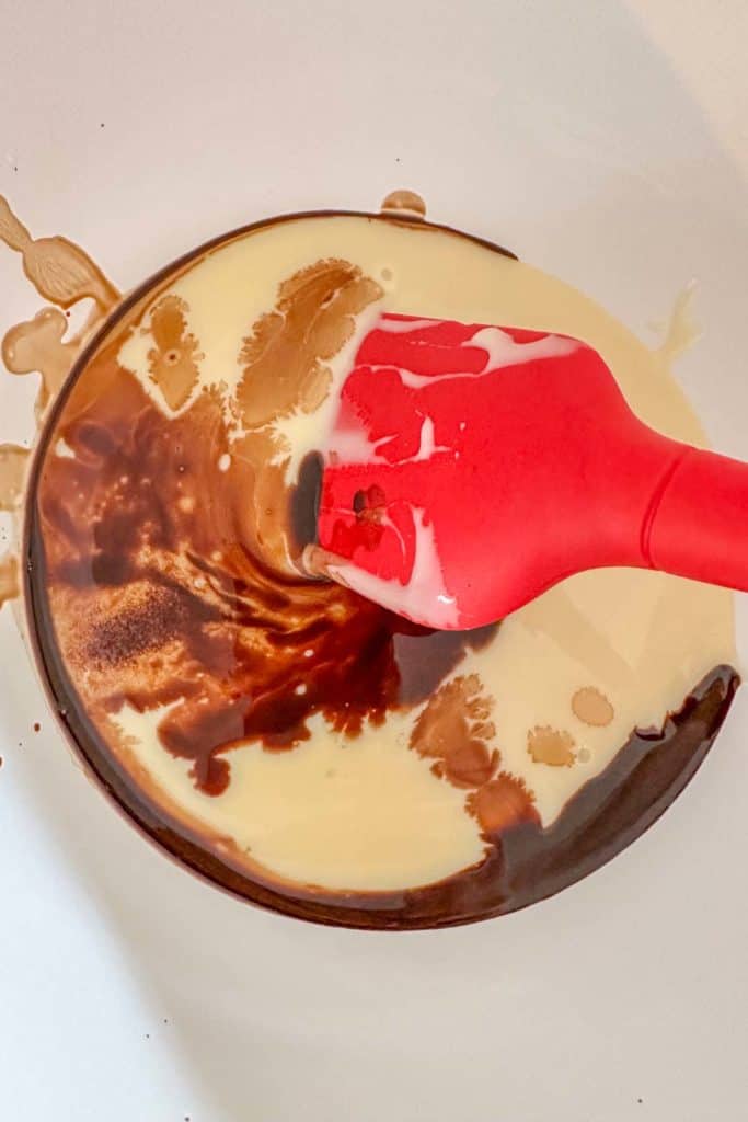 Sweetened condensed milk being mixed with vanilla and salt.