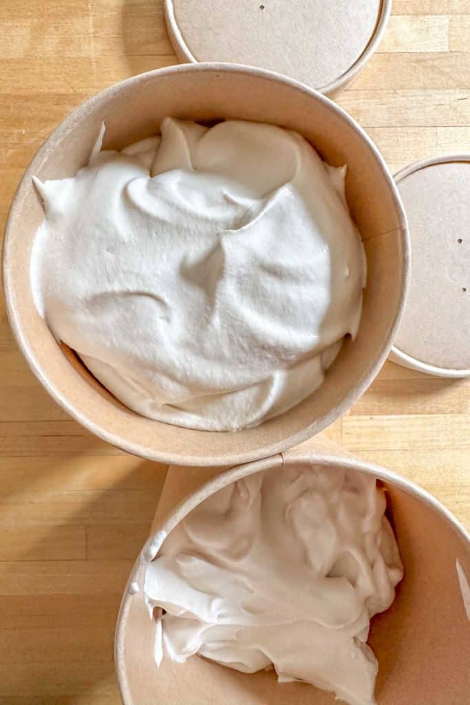 No-churn ice cream in paper ice cream containers.