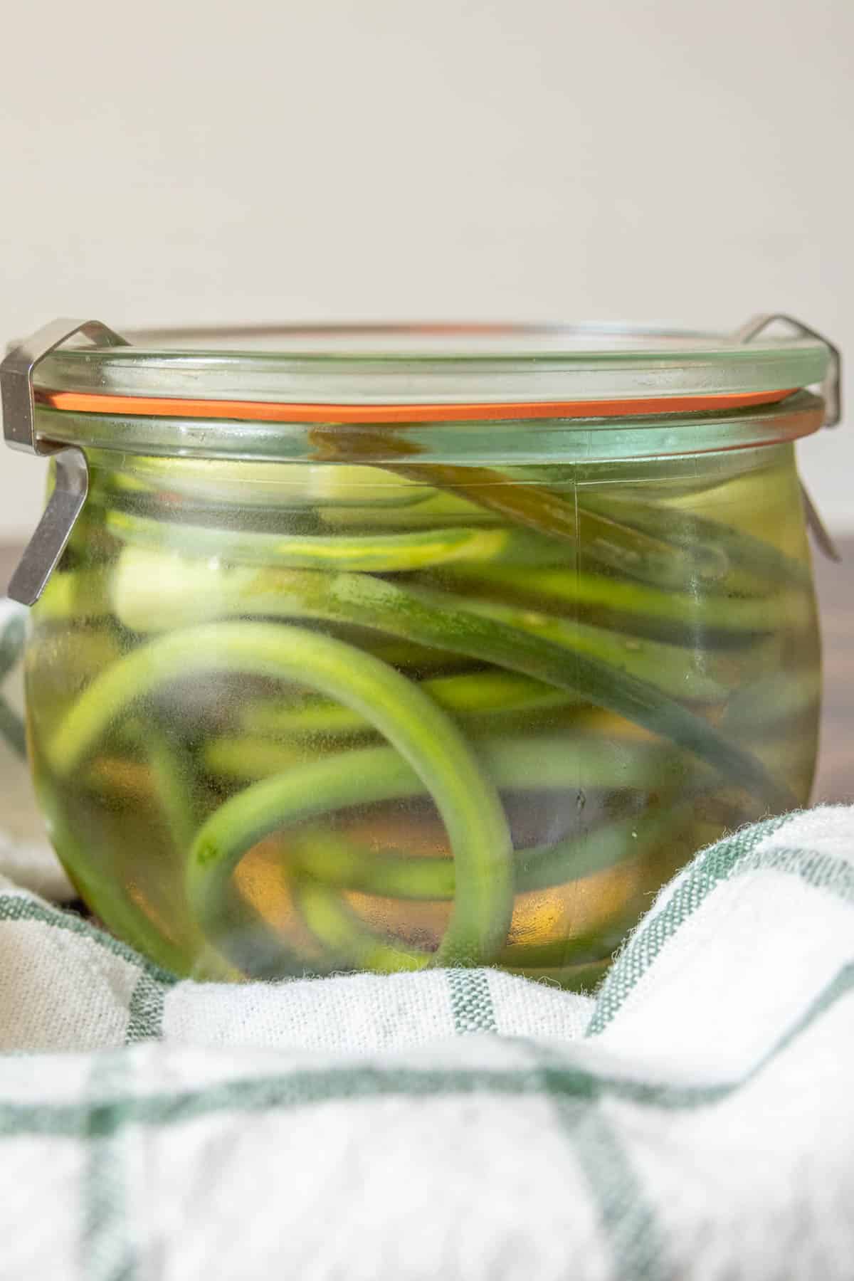 Glass jar of pickled garlic scapes.