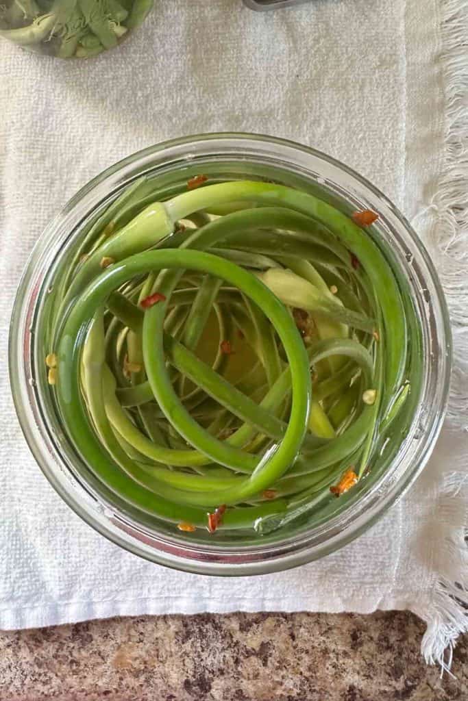 Full jar of pickled garlic scapes from overhead on a kitchen towel.