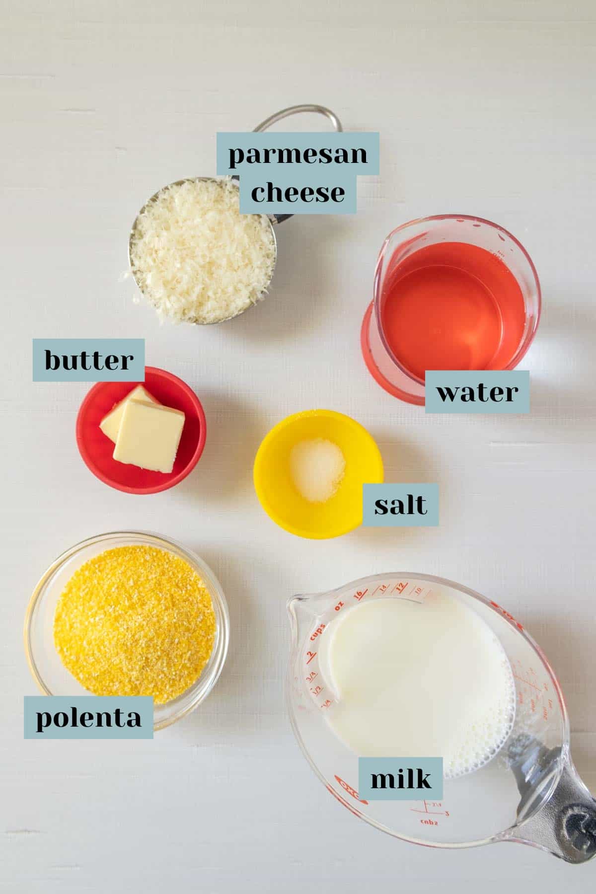 Ingredients for cheesy polenta on a white surface with labels.