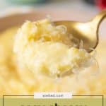 A spoonful of cheesy polenta topped with grated cheese, held above a bowl, with the text "easy cheesy polenta" at the bottom.