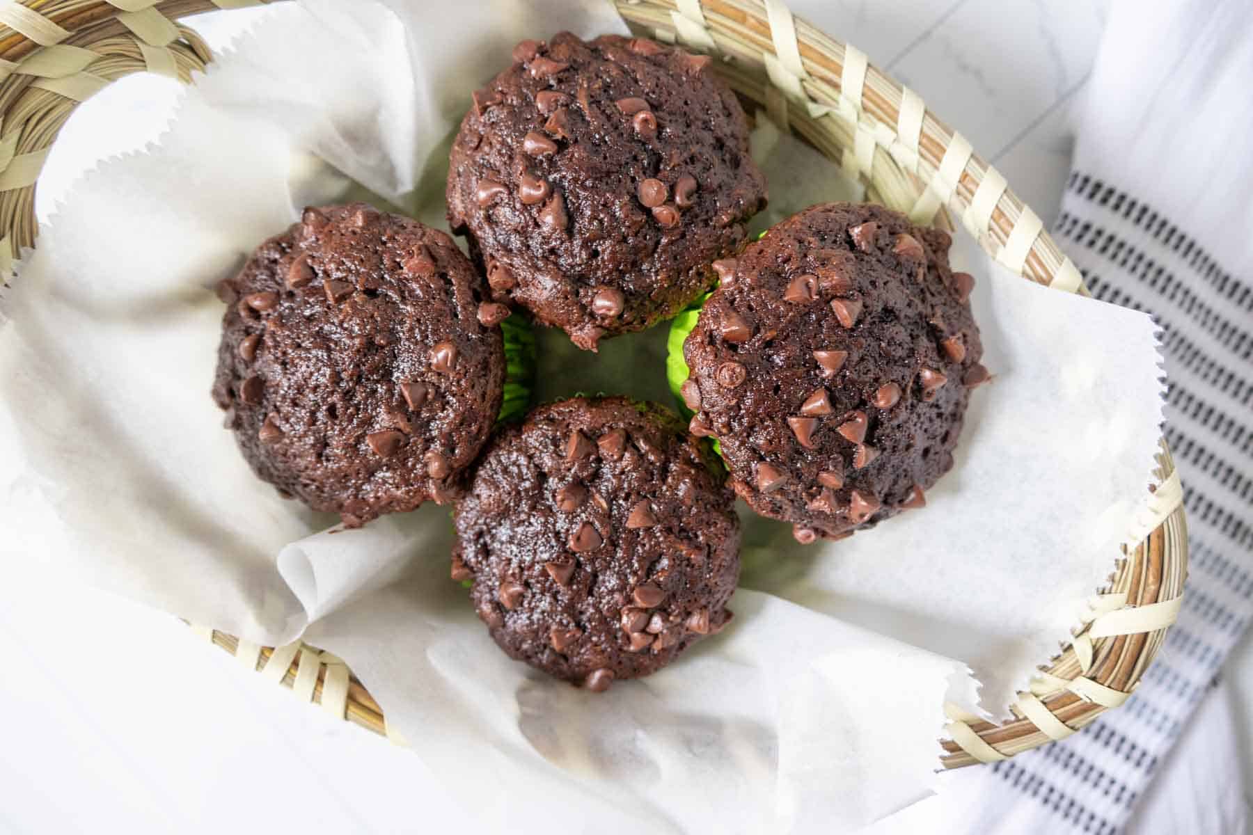 Basket of chocolate zucchini muffins.