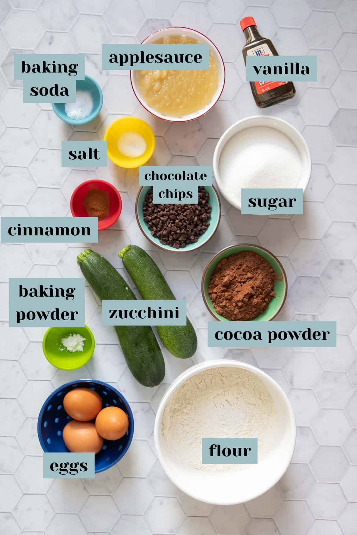Ingredients for chocolate zucchini muffins on a tile surface with labels.