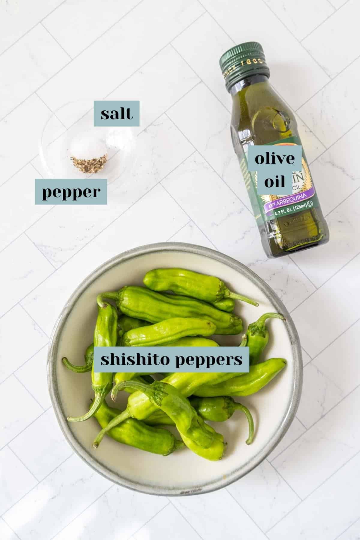 Ingredients for grilled shishito peppers on a tile surface with labels.
