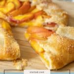 A peach galette with a golden, flaky crust and visible peach slices, partially cut, sits on a table. The text overlay reads "peach galette with mascarpone"—a rustic dessert showcasing juicy peaches in every slice.