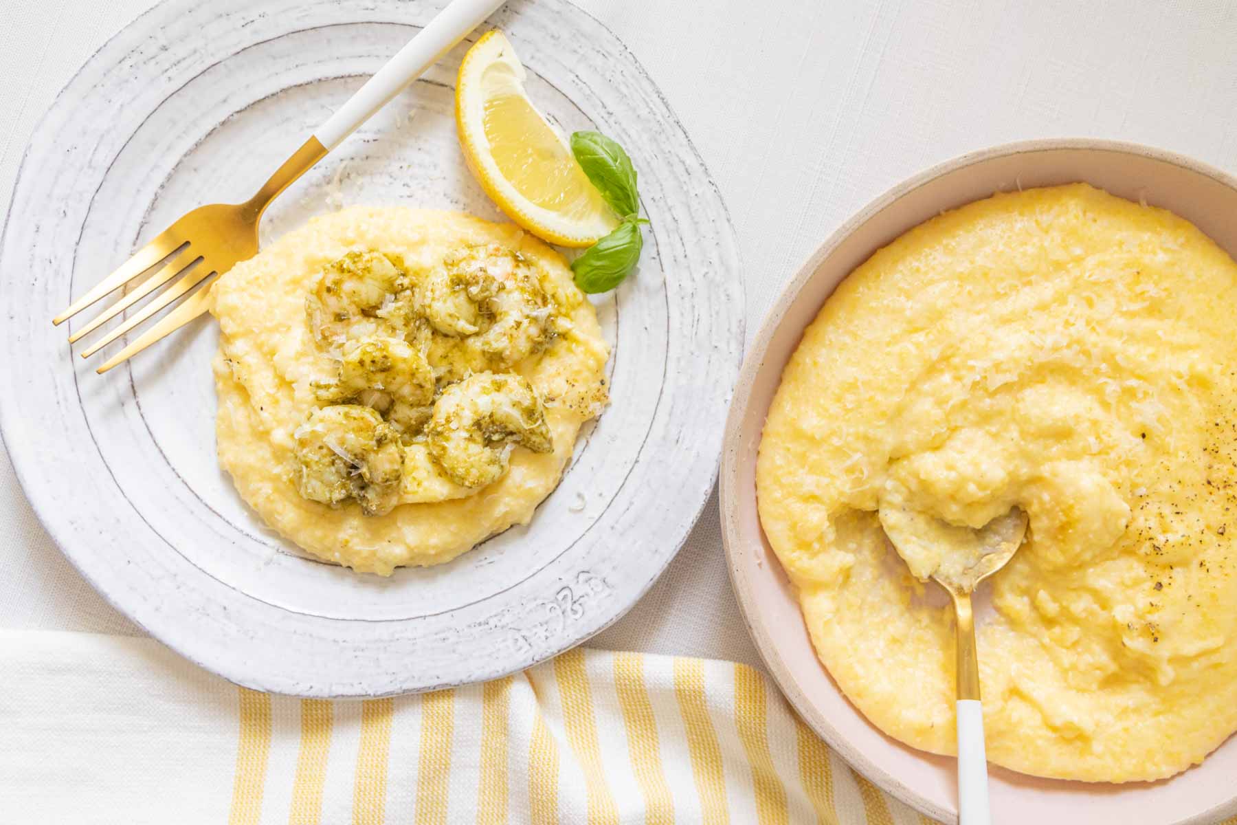 Overhead of pesto shrimp and creamy polenta.