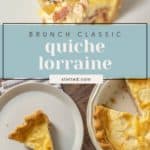 A slice of quiche lorraine is lifted with a fork above a plate, next to a partially sliced quiche lorraine on another plate, with a cup of coffee nearby.