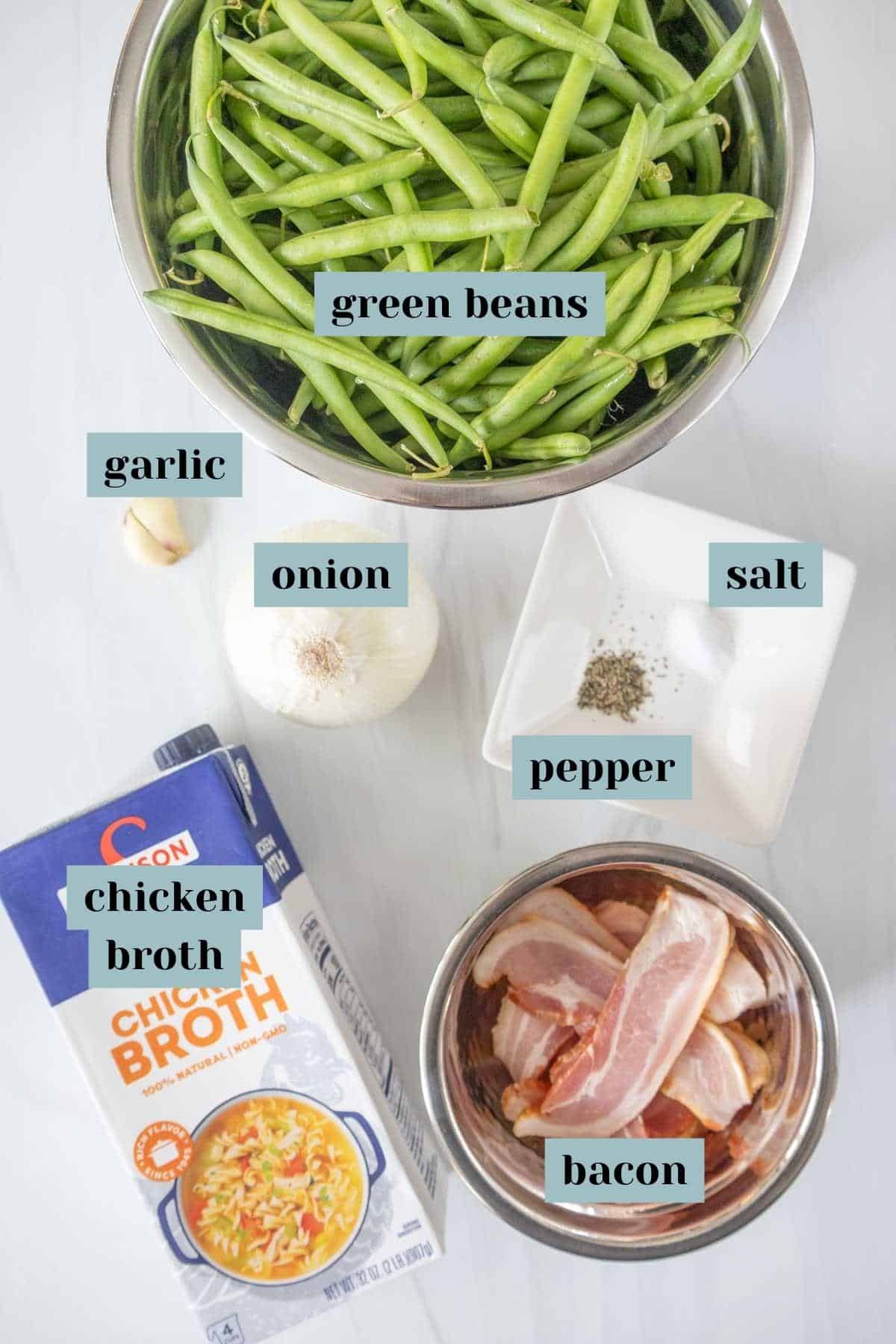 Ingredients for southern green beans with labels.