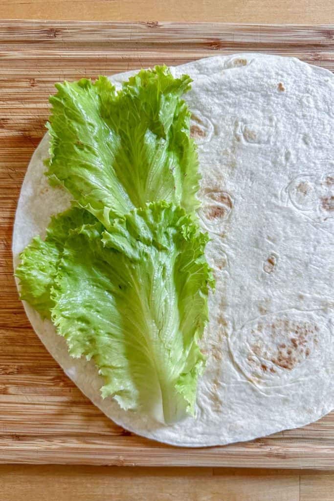 Lettuce leaves on a tortilla.