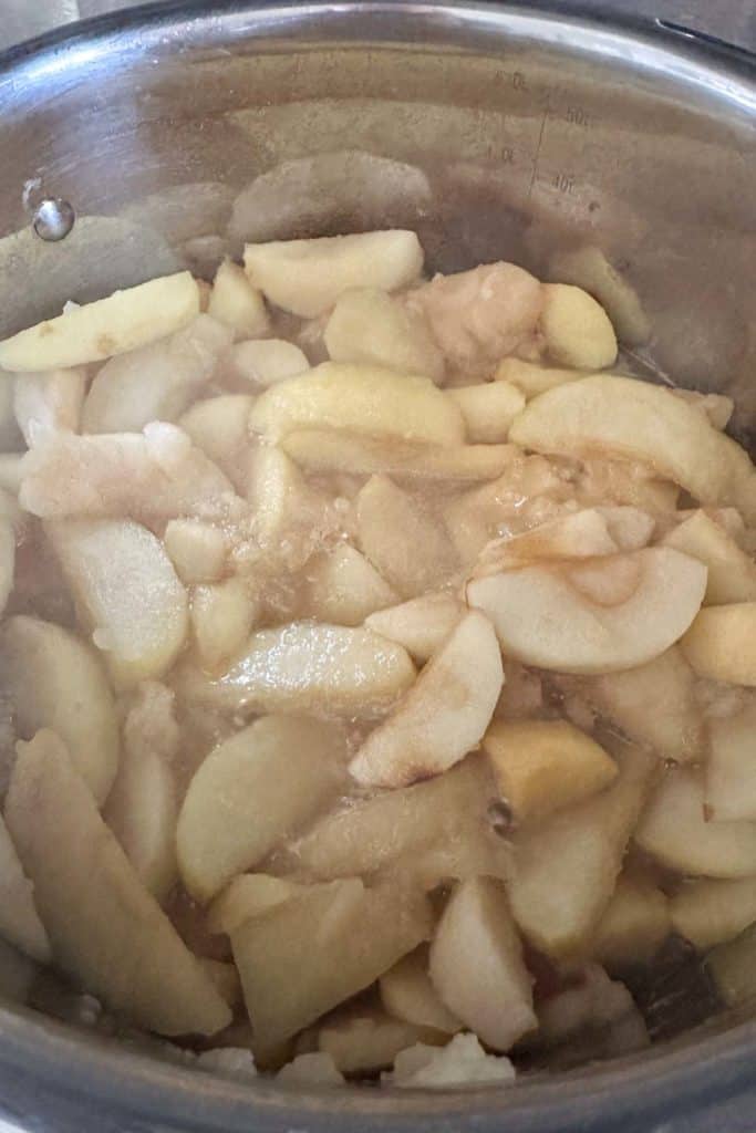 A pot full of apples in a pot on the stove.