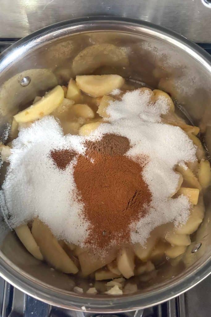 A pot with apples and cinnamon in it.