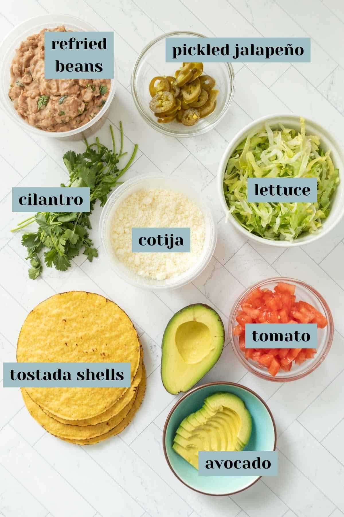 A list of ingredients for bean tostadas.