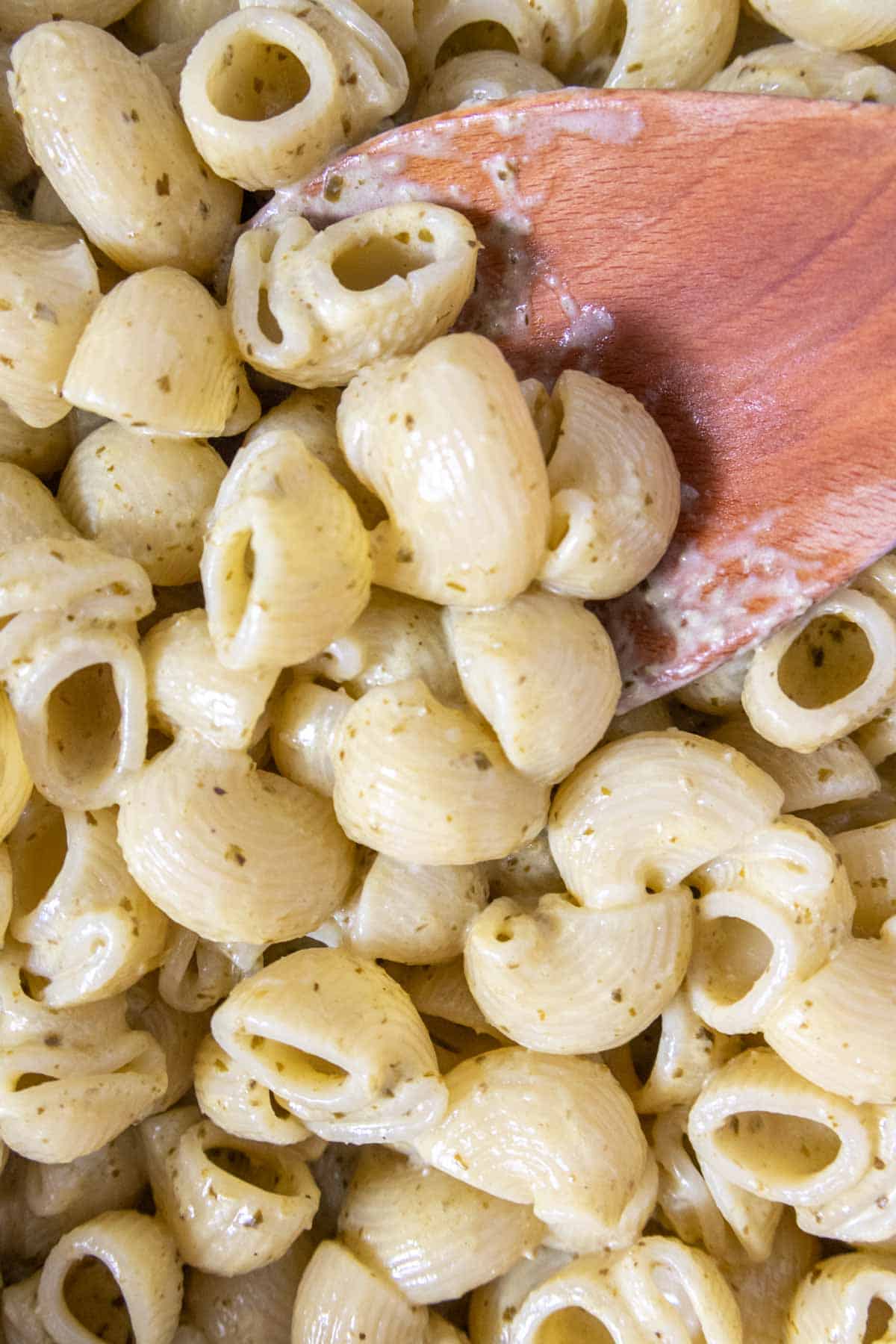 Close up of stirring creamy pesto pasta.
