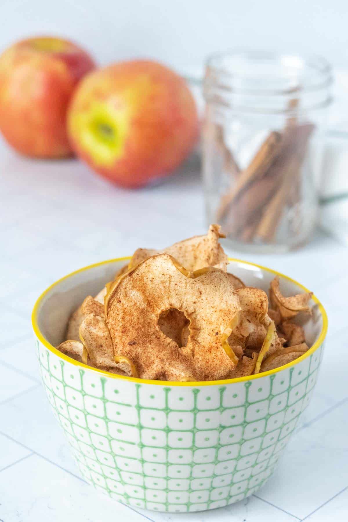 Apple chips in a bowl with cinnamon sticks.