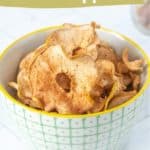 A bowl of oven-baked dried apples with cinnamon, presented in a green and white patterned bowl.