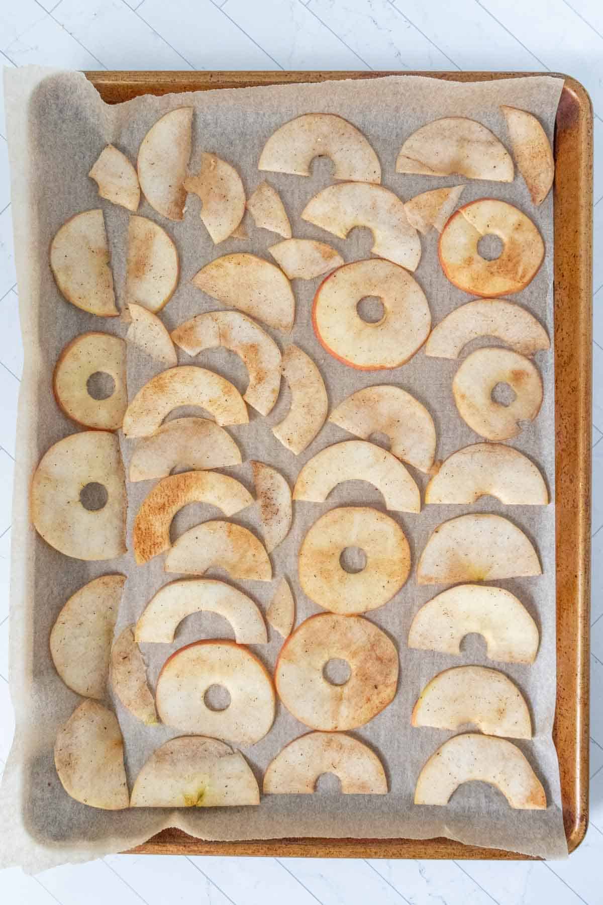 Apple slices on a baking sheet.
