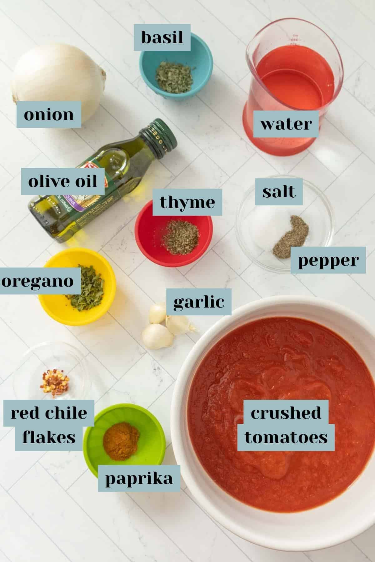Ingredients for homemade spaghetti sauce with labels.