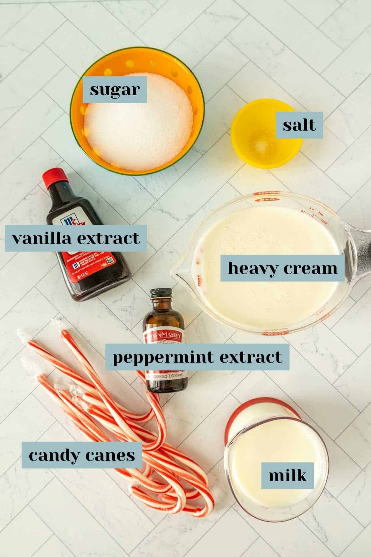 Ingredients for a candy cane ice cream.