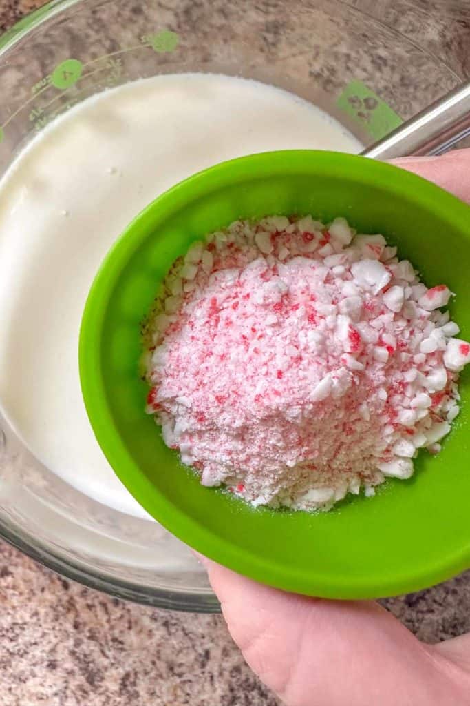 A person is holding a bowl of crushed candy canes.