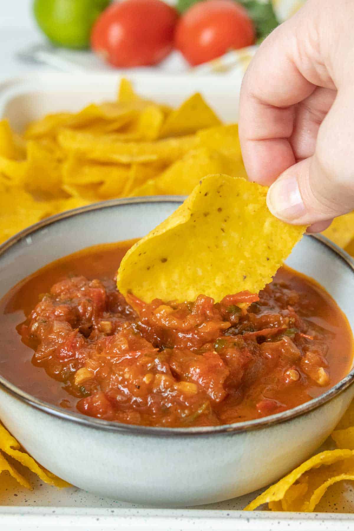 A hand dipping a tortilla chip into a bowl of salsa.