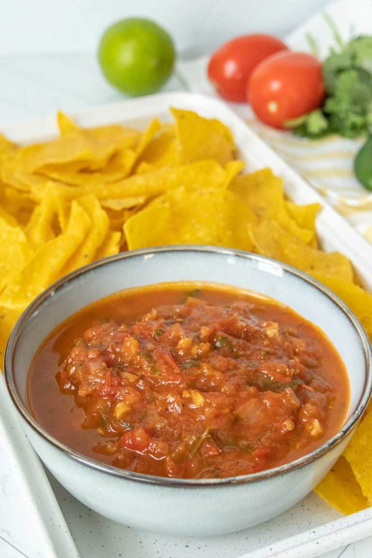 A bowl of mexican salsa with tortilla chips.