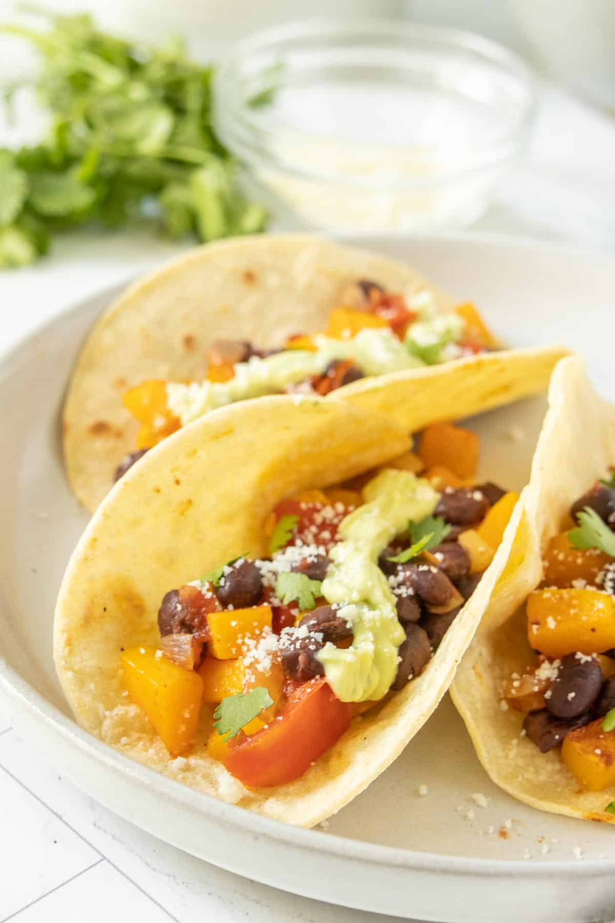 Three butternut black bean tacos on a plate with guacamole.