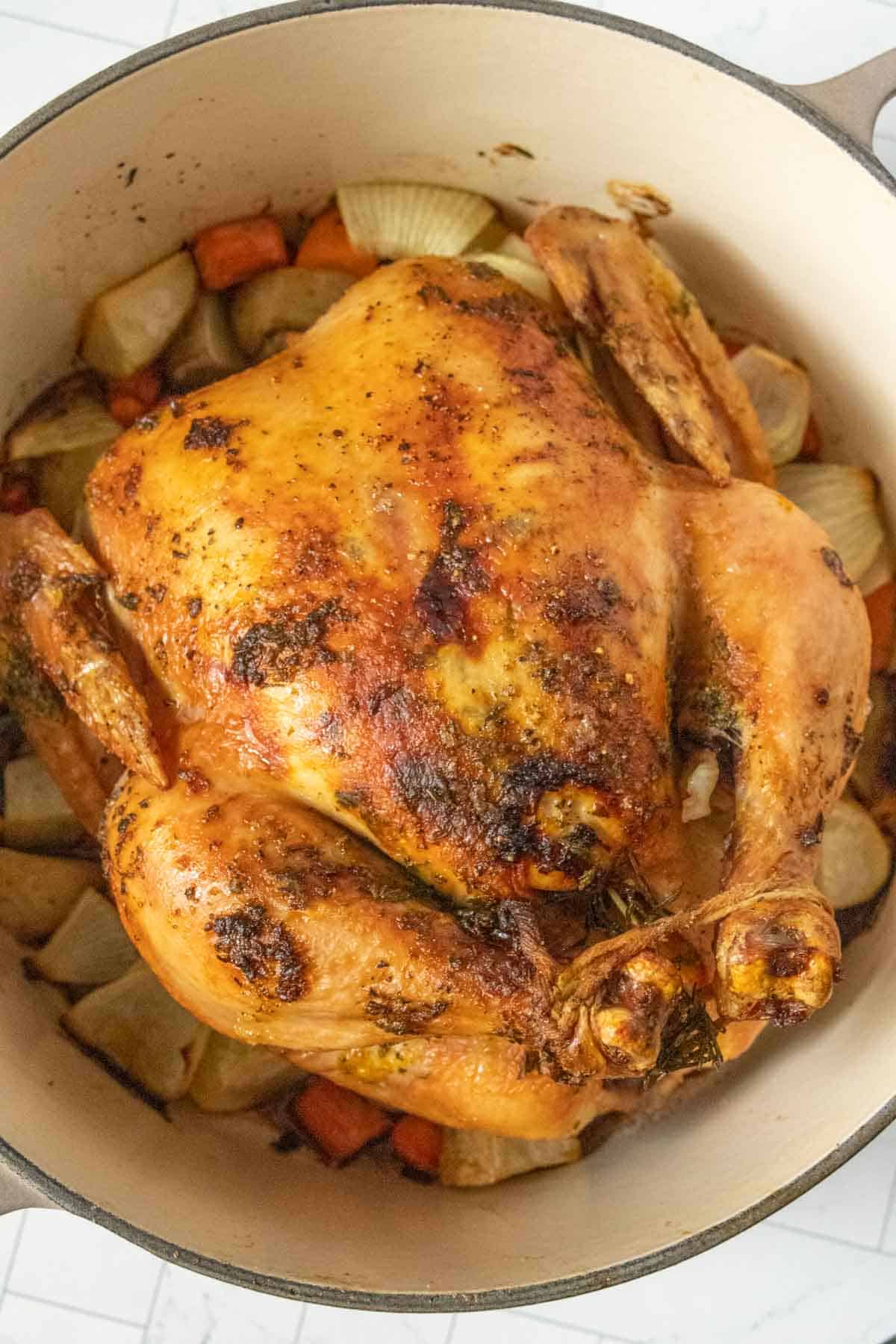 A roasted chicken in a pan with carrots and onions.