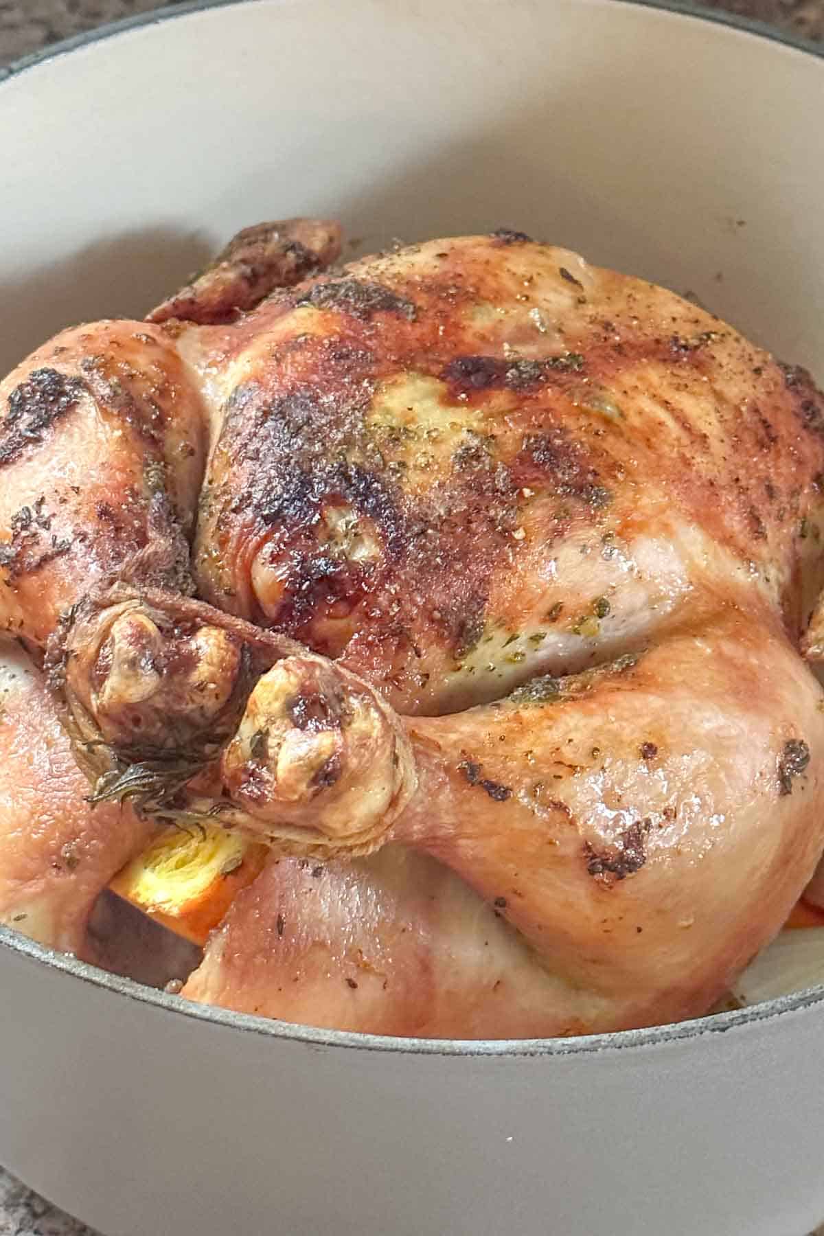A roasted chicken in a pan on top of a stove.