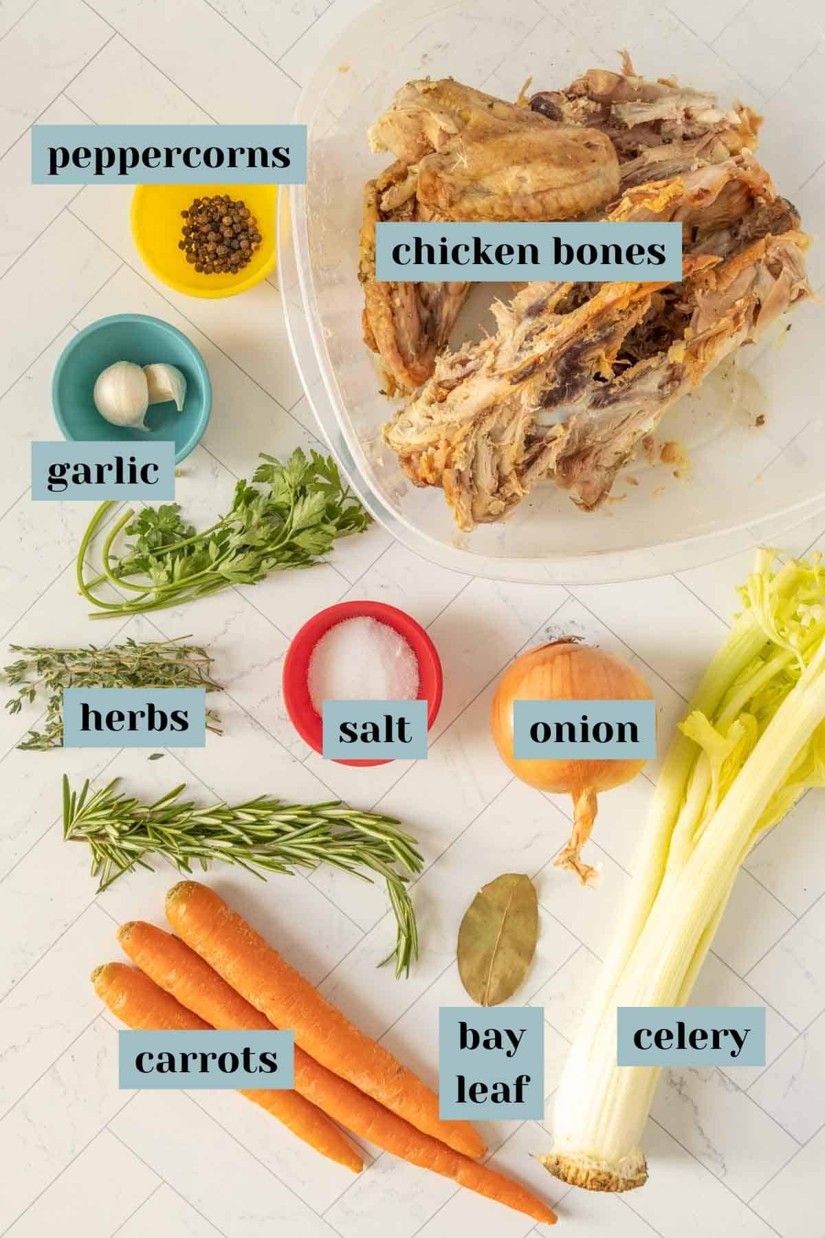 The ingredients for a chicken dish are shown on a white table.