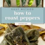 A tray of raw peppers and a plate of roasted peppers with text overlay: "Easy Method: how to roast peppers step by step, stetted.com".