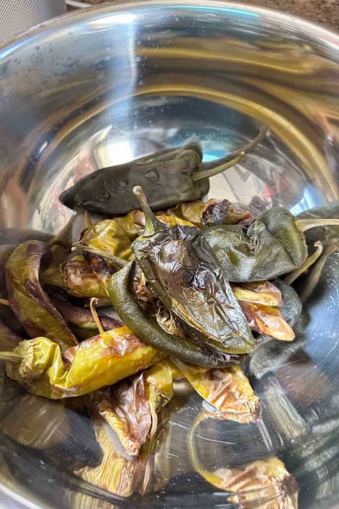 Roasted peppers in a bowl.