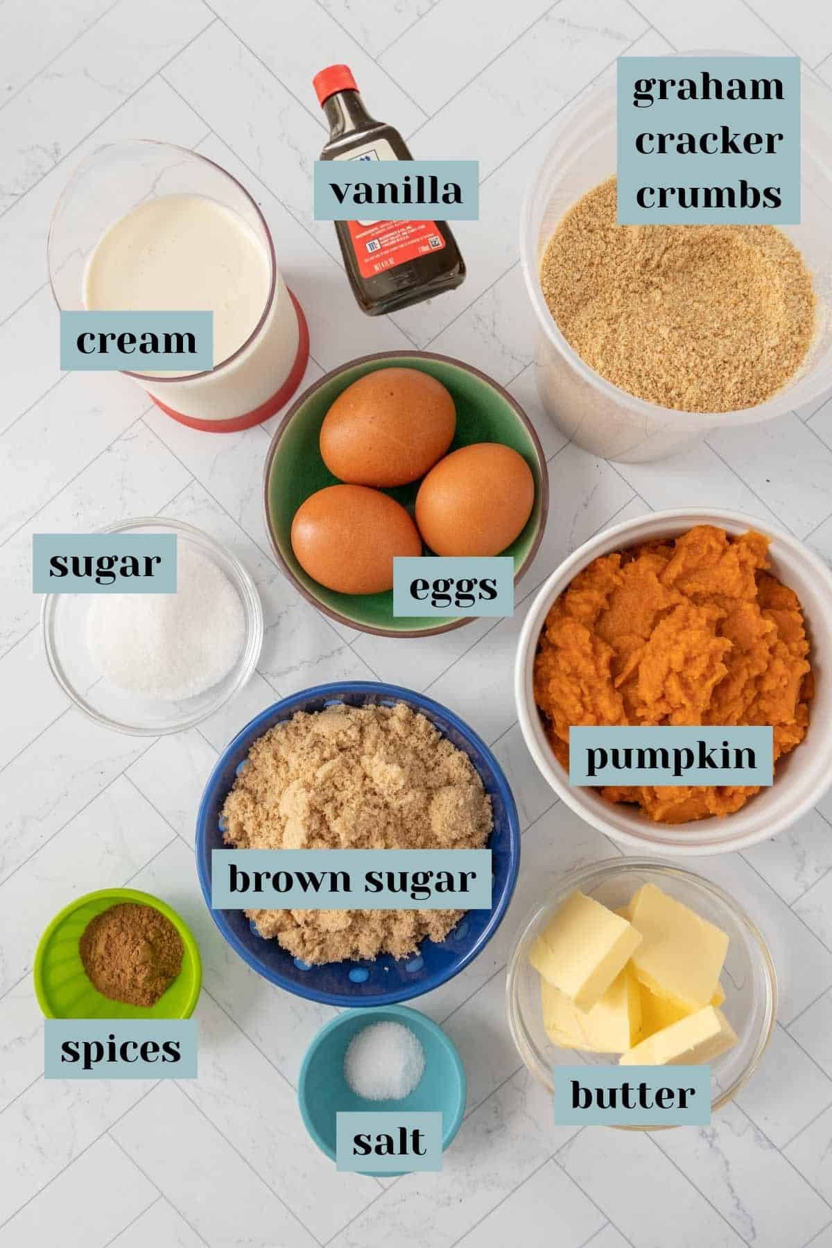 The ingredients for a pumpkin pie are laid out on a marble countertop.